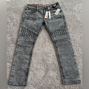 ROCK REVIVAL Mike Biker Tapered Distressed‎ Jeans Grey Black Mens Size 34x33